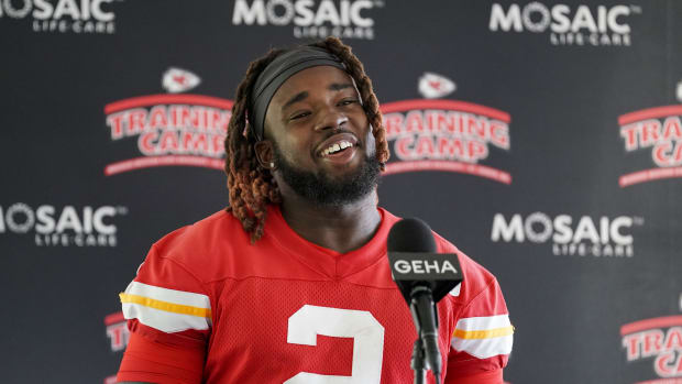 Jul 29, 2022; St. Joseph, MO, USA; Kansas City Chiefs running back Ronald Jones speaks to media after training camp at Missouri Western State University. Mandatory Credit: Denny Medley-USA TODAY Sports